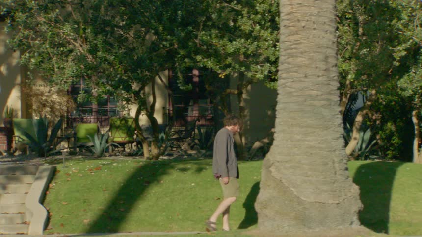 Man walking on a sunny path in an urban area