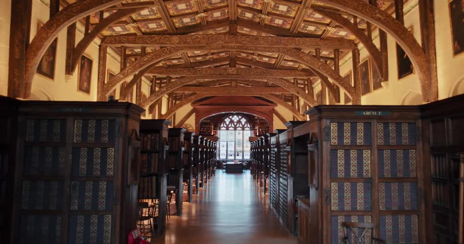 The library hall is full of shelves