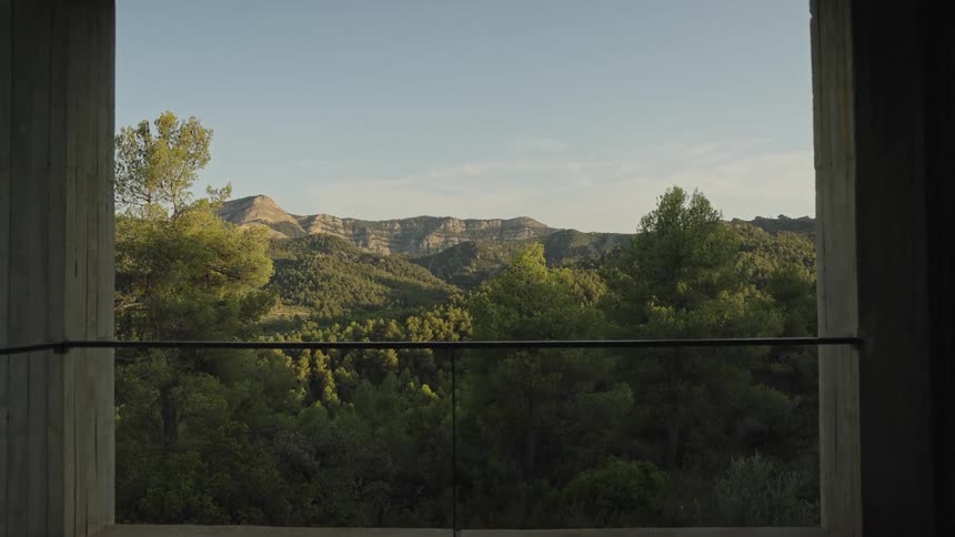 View from a concrete balcony overlooking rocky mountains and a vast forest lit by the afternoon sun
