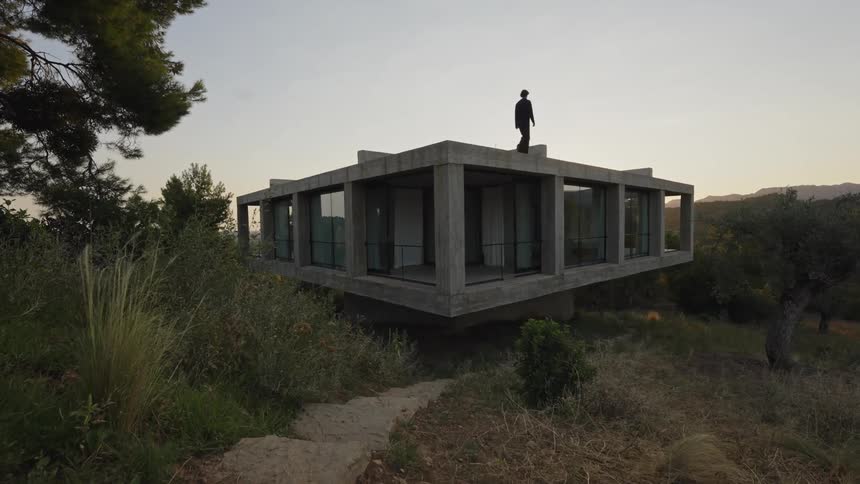 A solitary person walks on the roof of a modernist house constructed with large concrete slabs and glass walls which is set in a wild and overgrown landscape at sunset