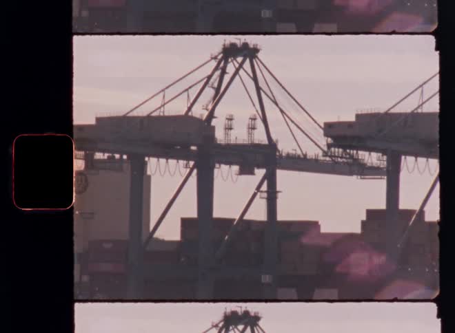 Containers are under the cranes on the harbor