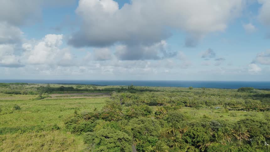 A lush expansive landscape meets the distant ocean under scattered clouds and bright daylight