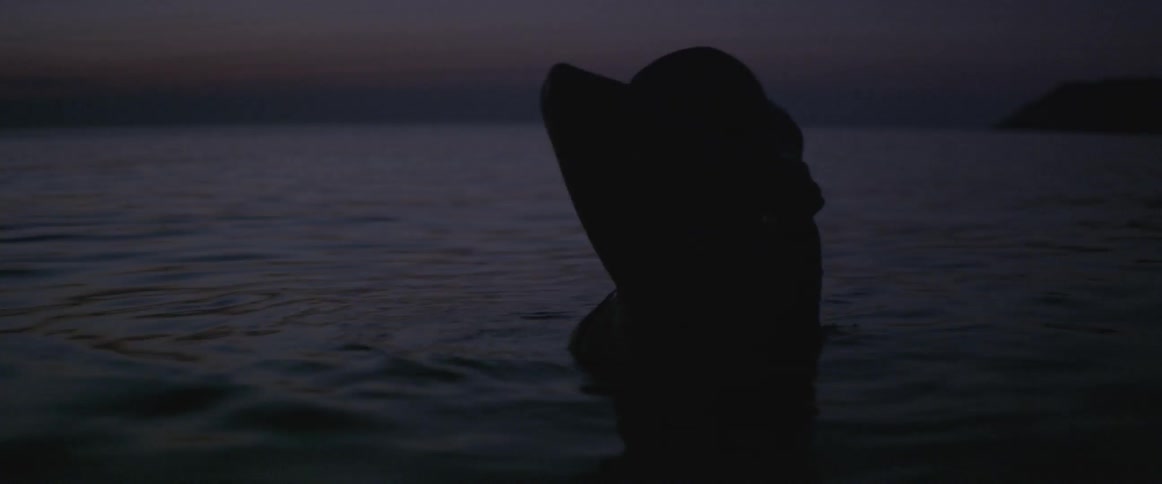 A woman swims in the ocean at dusk