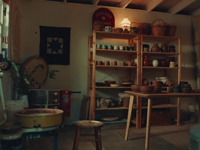 Cozy pottery studio with shelves full of ceramics