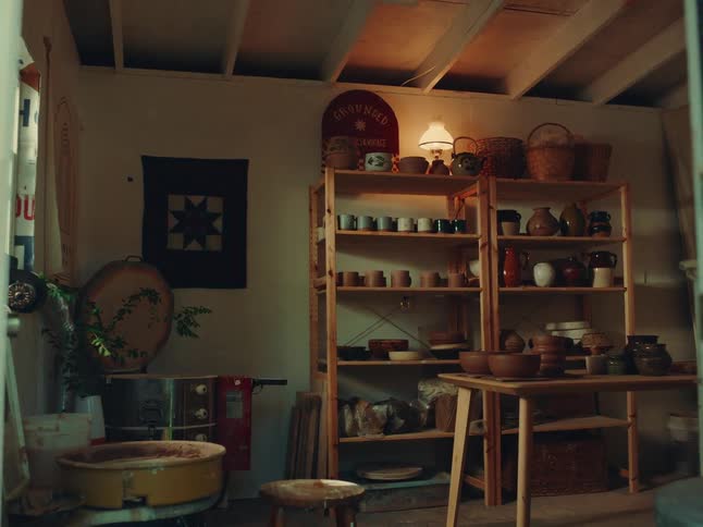 A pottery studio at midday with shelves lined with finished pottery pots and a table covered in various pottery pieces