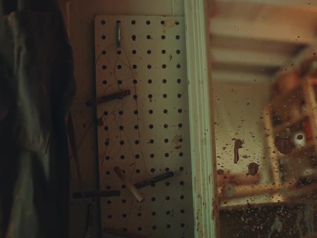 A dimly lit workshop corner features a pegboard with scattered tools beside a dusty splattered window reflecting warm indoor light