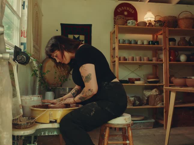 A young woman inside a pottery studio working on a clay pot using a pottery wheel with a shelf on the wall beside her filled with pottery cups and pots
