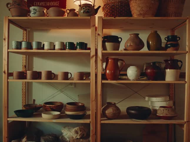 Shelf with handmade ceramic pots and mugs