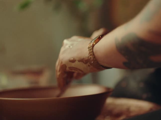 A potter is shaping clay into a bowl on a pottery wheel