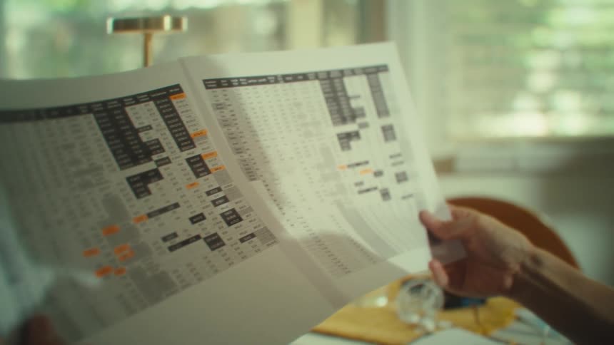 A closeup shot of a persons hands holding up and carefully examining a detailed paper document with a spreadsheet or a table of data