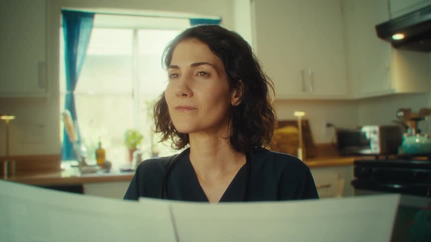 A woman in dark scrubs studies a large sheet of paper in a bright kitchen softly lit by daylight through a curtained window