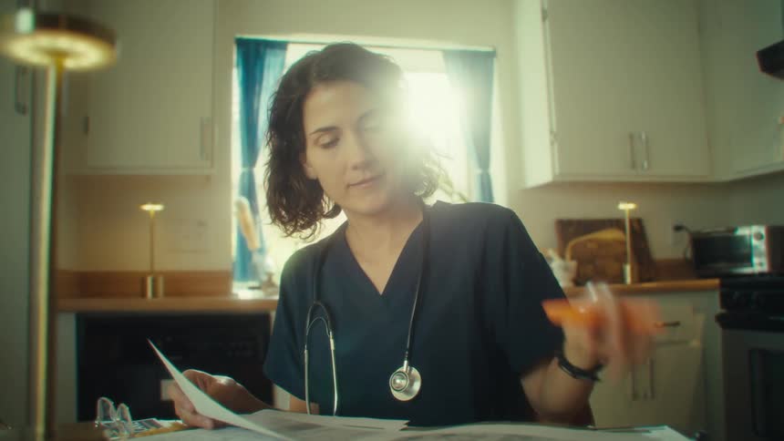 A medical professional in dark blue scrubs and a stethoscope sits at a table and looks at some papers while holding a pen in a sunlit kitchen