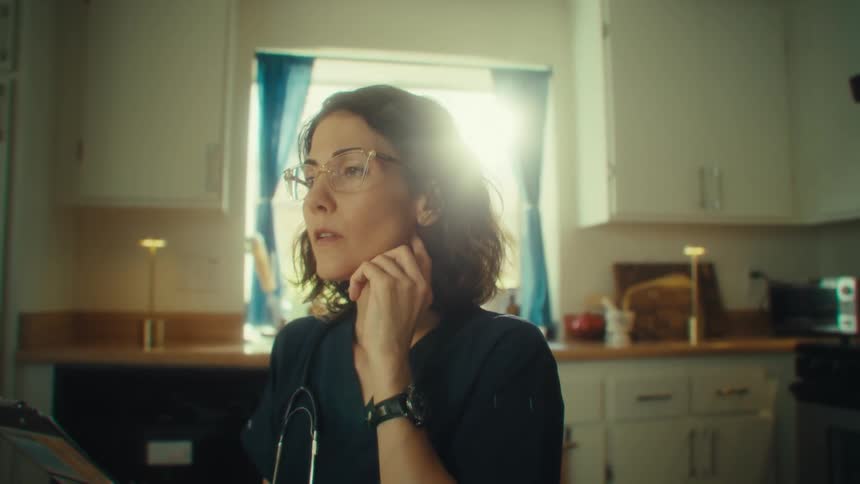 Nurse sitting in the kitchen taking a deep breath in thought