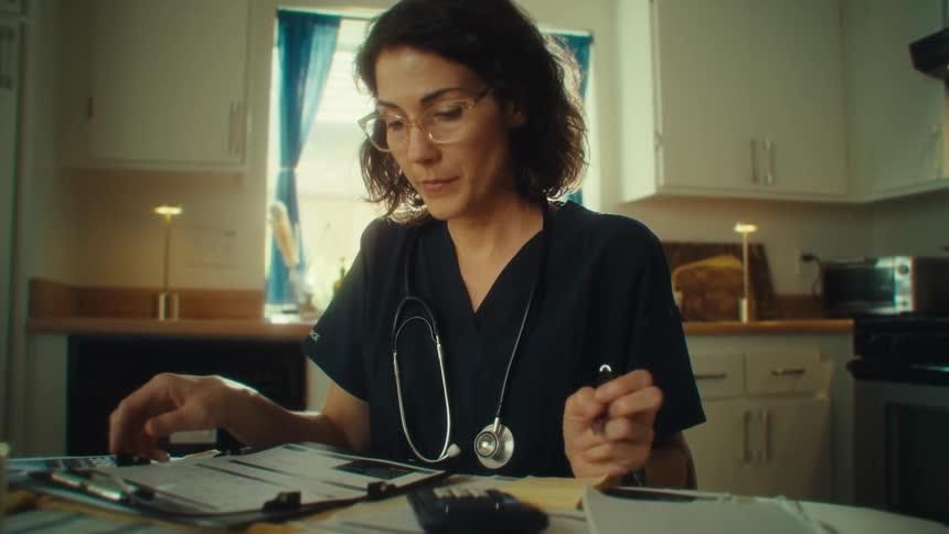 Woman wearing glasses and dark scrubs takes notes on medical documents at the kitchen table