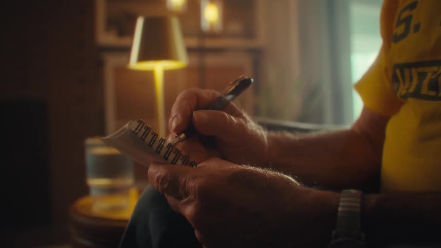 Elderly person taking notes in a small notebook