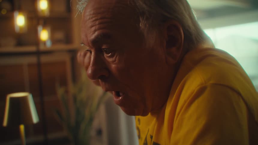 Elderly man in a yellow shirt closely watches the phone screen he holds with both hands