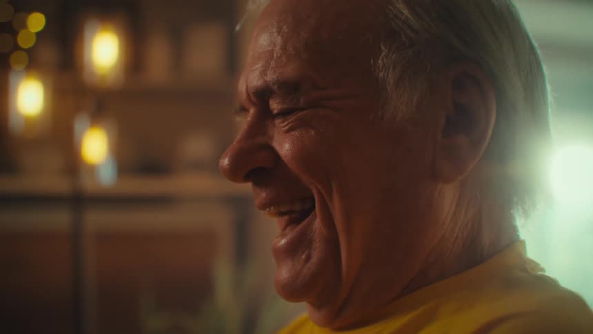 Man in a yellow shirt laughs with eyes halfclosed