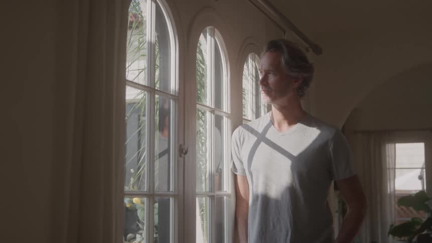 Man stands by window gazing outside calmly