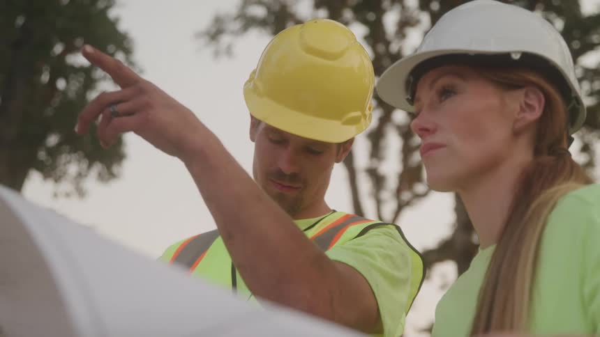 Two workers wearing safety helmets examine blueprints while one points ahead