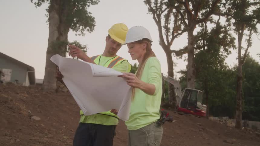 Two construction professionals reviewing plans on site