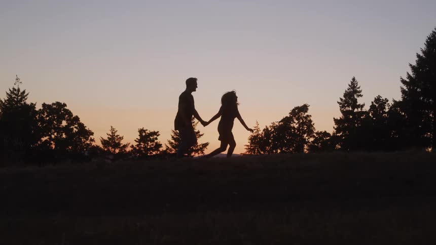 A man and a woman who are silhouetted by the sunset run hand in hand through a field with dark trees and mountains on the horizon