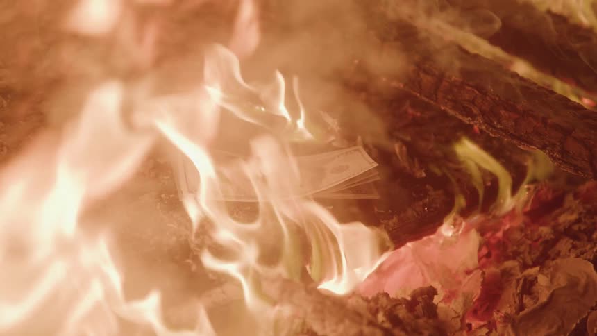 A group of one dollar bill rests on a log as it burns in a large fire