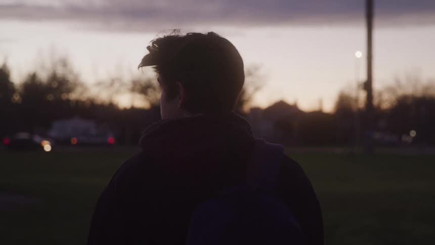 A teenager with short hair stands facing away from the camera in a park at sunset with his head and shoulders silhouetted against the sky