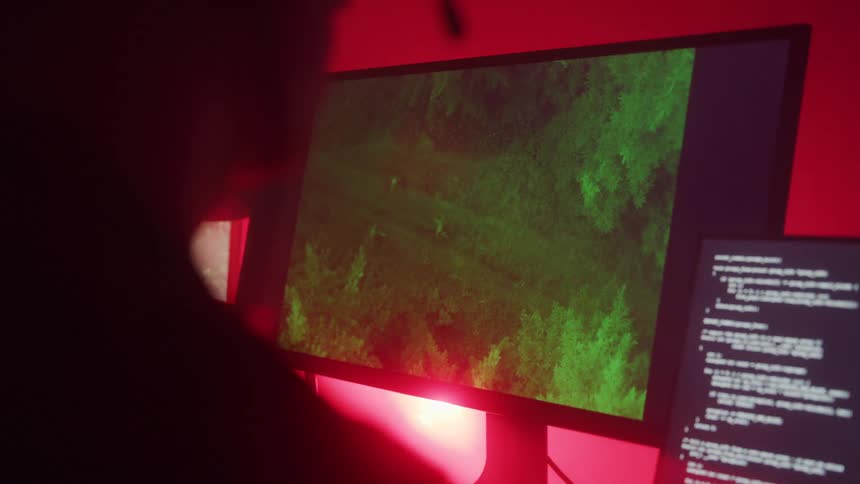 Silhouette of a person facing the screen that displays an image in a forest