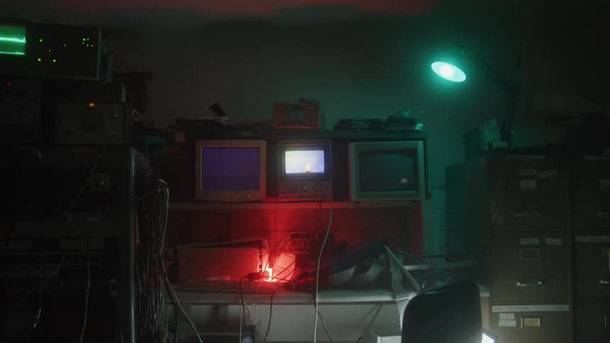 A chaotic office is dimly lit by a bright cyan desk lamp and a vibrant red light glowing from a jumble of old computer monitors cables and other disorganized electronic equipment