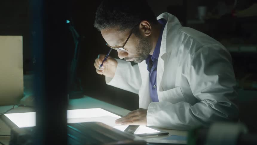 Man sitting at a table with a digital screen and interacting