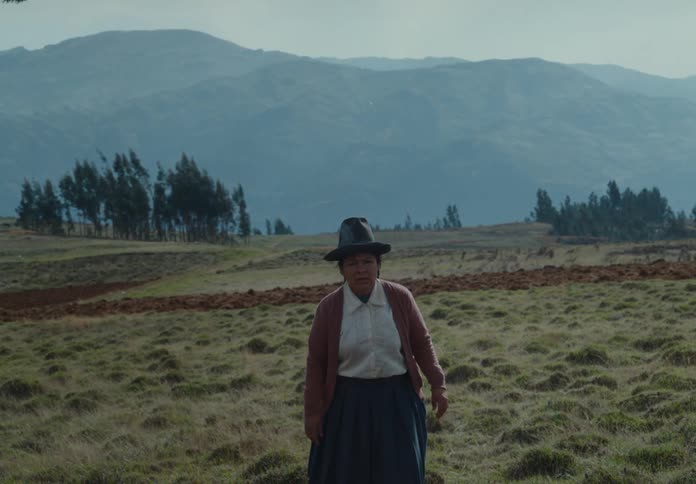 Woman in a hat walking in a field with mountains in the background