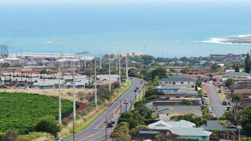 Coastal view with houses vegetation and power poles near the sea