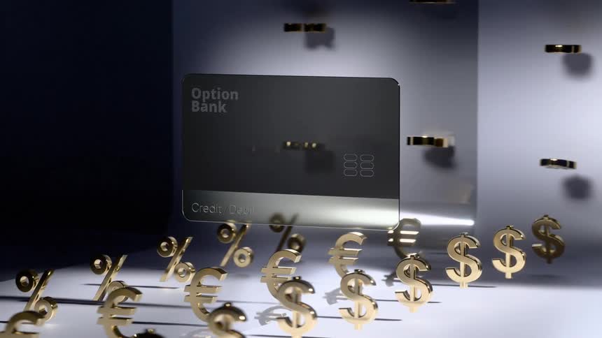 Currency symbols dance around a credit card