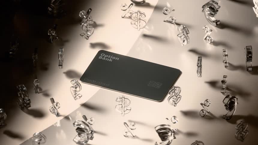 Symbols of currency spin around a credit card