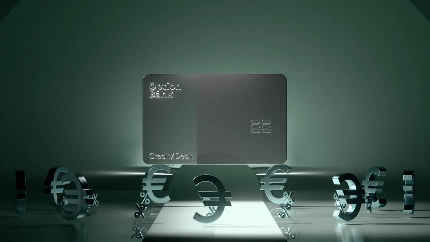 Black bank card floats in a minimalist setting surrounded by metallic euro and percentage symbols