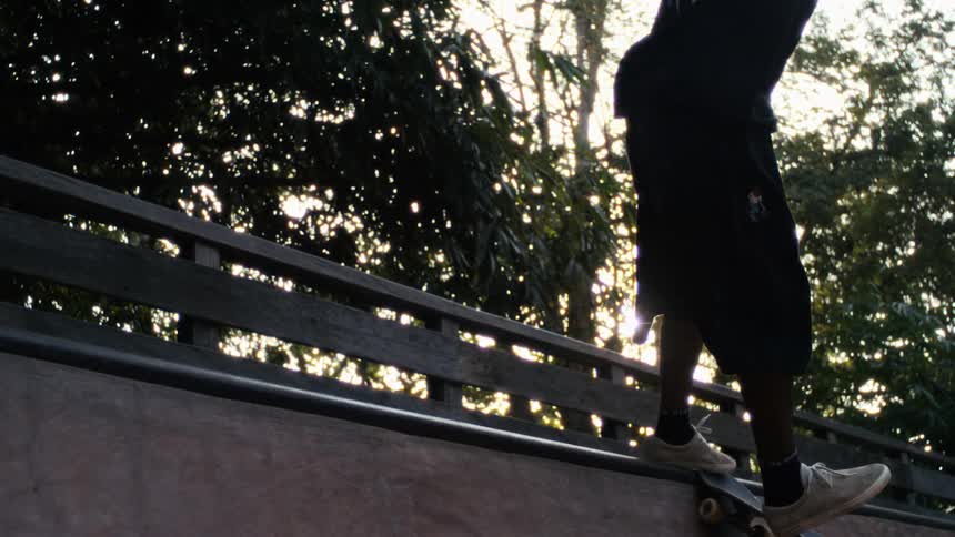A skateboarder grinds along the metal coping of a half pipe silhouetted against the bright tree filtered sunlight