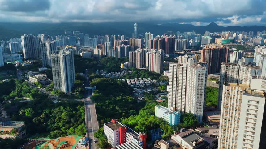 Aerial view of a densely populated metropolis with numerous skyscrapers surrounded by green areas and mountains in the background