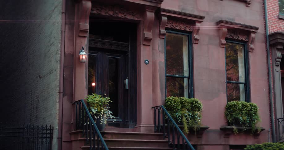 Flowering plants stand outside the windows and the entrance of a residential building