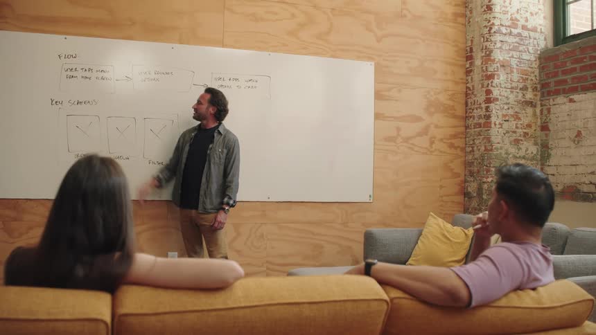 A male lecturer teaching two students seated on a couch as he illustrates and points at a diagram drawn on the whiteboard