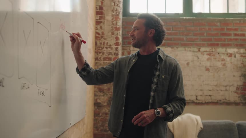 A teacher writes on a whiteboard with a marker in a classroom at midday