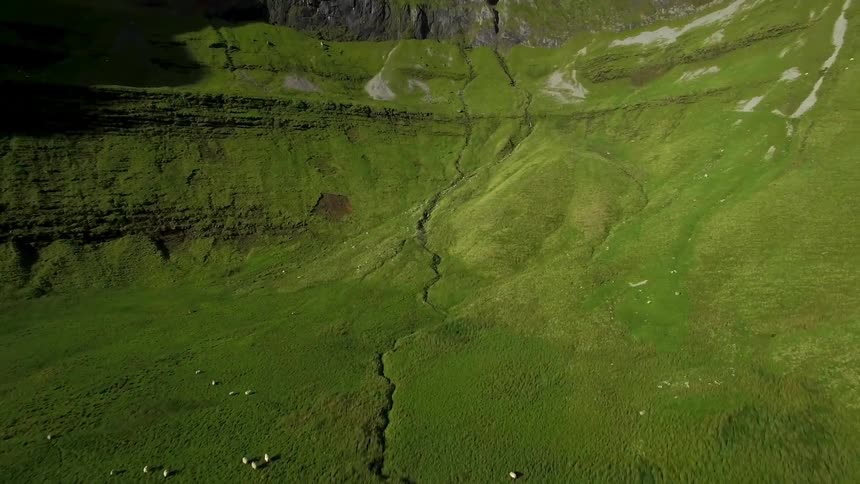 Green grass covers the bottom and side of a mountain