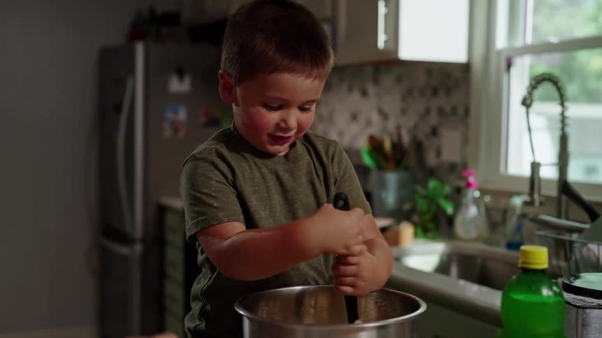 Boy having fun while cooking in a pan