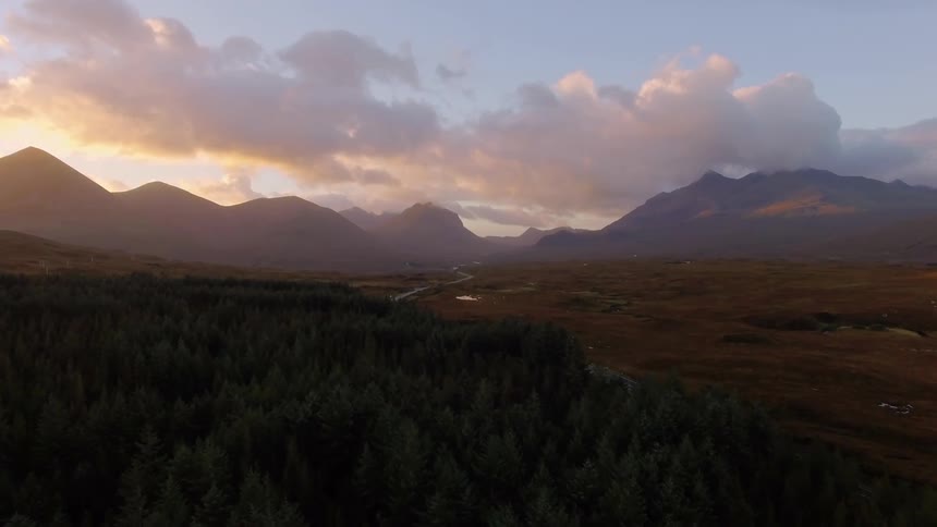 A forest near plains with mountains in the distance