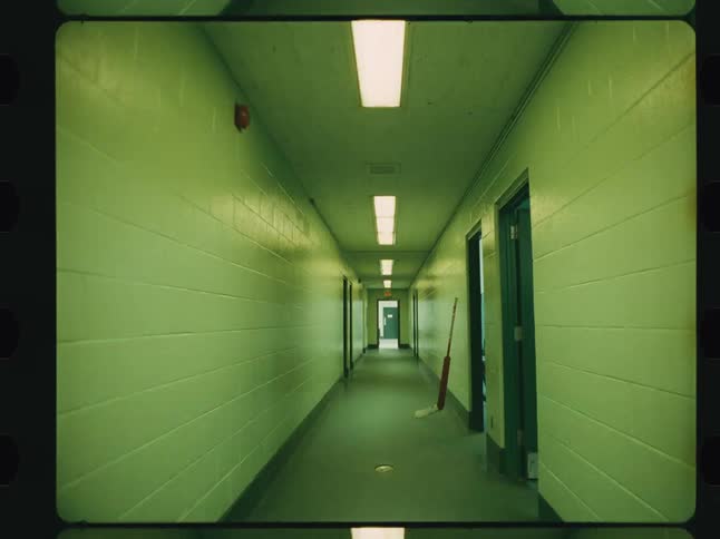Narrow corridor with doors and lights on