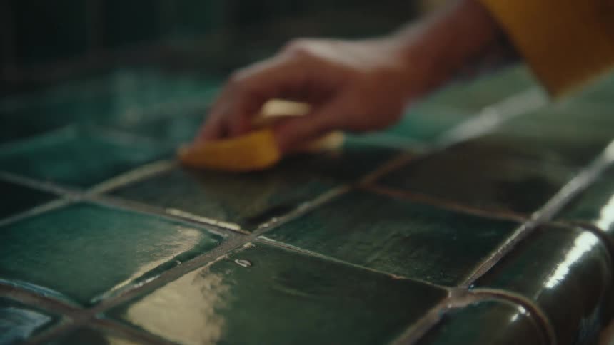 The person is cleaning the counter