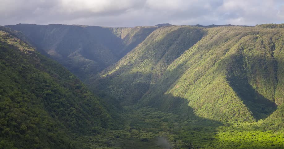A deep valley with steep green hillsides covered in a dense forest under a cloudy sky