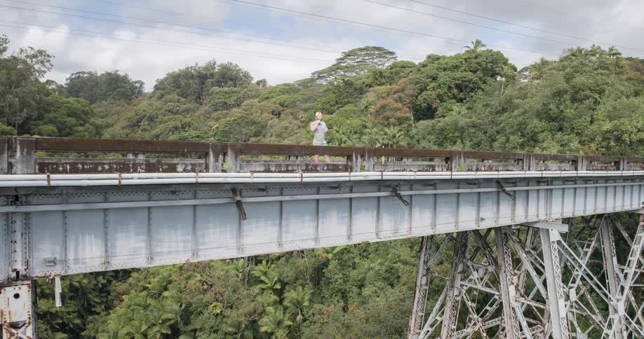 A man wearing shorts and a hat walks across a bridge and stands in the middle to look down at the forest area underneath at midday