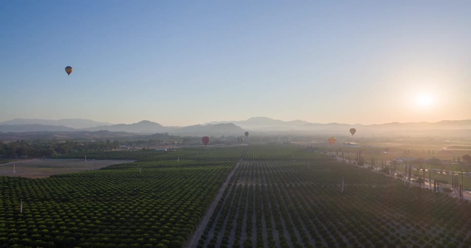 Aerial view of balloons flying in a rural area in the late afternoon