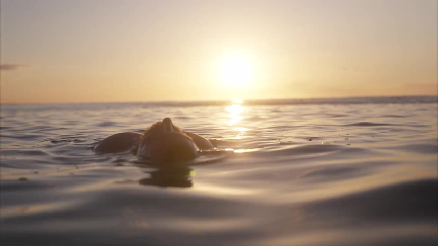 A man lies still on the ocean water floating with the orange setting sun in the distance