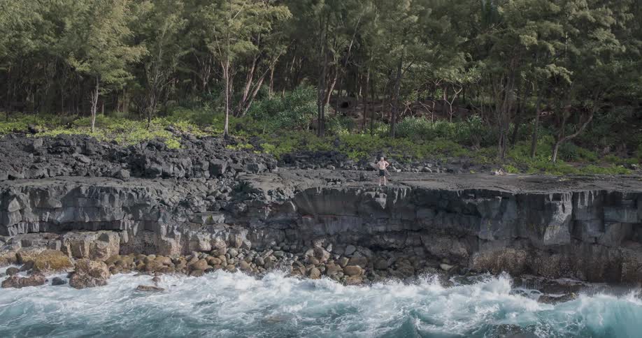 A view from a high angle shows a man standing on a rocky cliffside near the edge of the ocean as waves crash on the rocks below and a forest of tall trees is visible behind him